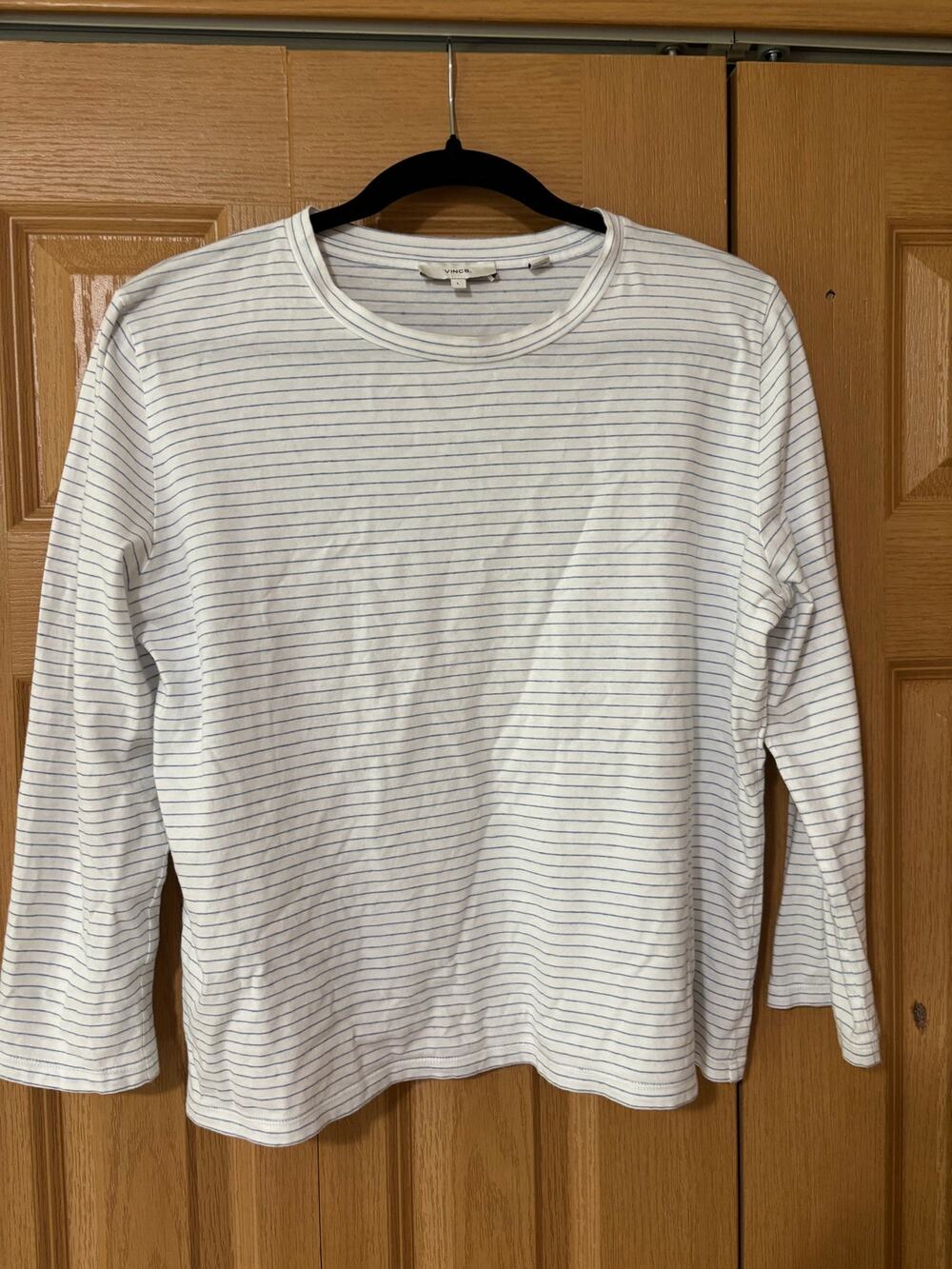 Vince. Cotton Linen Blend White and Blue Striped Top FLAWED 3/4 Sleeve Summer L